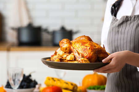 Woman with tasty turkey for Thanksgiving Day in kitchen, closeupの写真素材