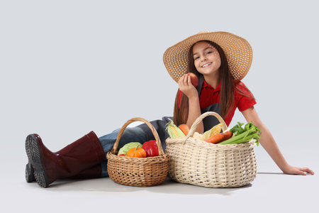 Little farmer with fresh food on light backgroundの写真素材