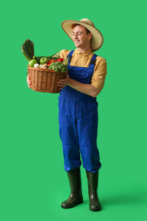 Male farmer with fresh vegetables on green backgroundの写真素材