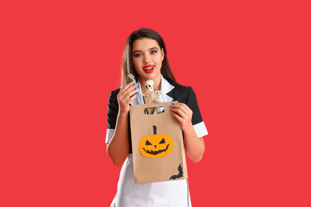 Young woman dressed for Halloween as maid with gift bag and skeleton on red backgroundの写真素材