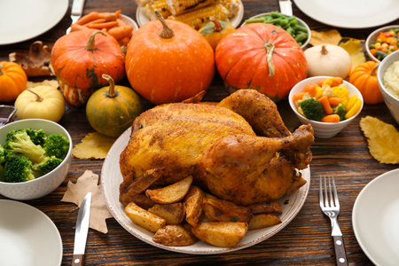 Festive dishes with pumpkins for Thanksgiving Day on dark wooden backgroundの写真素材
