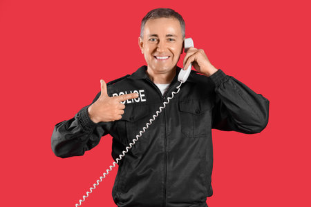 Mature police officer pointing at phone receiver on red background