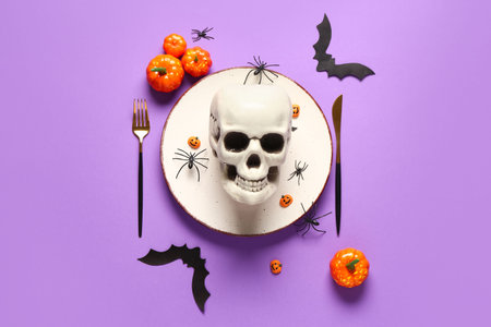 Beautiful table serving for Halloween celebration with skull and pumpkins on purple background