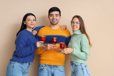 Happy friends with glasses of mulled wine on beige background