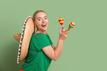 Pretty young woman with sombrero and maracas on green background