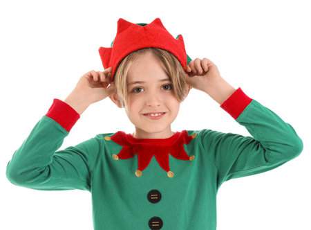 Cute little boy in elf costume isolated on white backgroundの写真素材