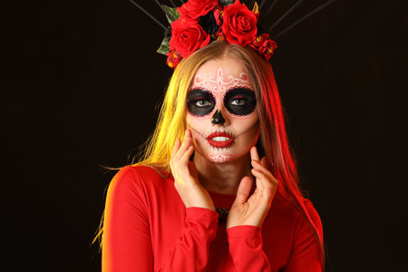 Young woman with painted skull on her face against black background. Celebration of Mexico's Day of...