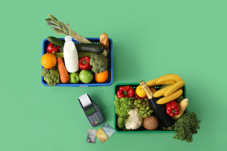 Shopping baskets full of food with payment terminal and credit cards on green backgroundの写真素材