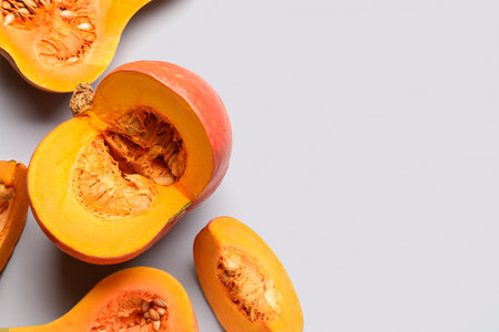 Cut fresh pumpkins on gray backgroundの写真素材