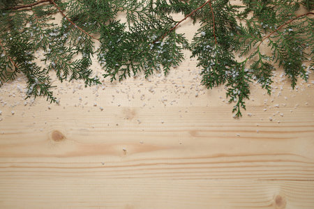 Christmas branches with snow on light wooden backgroundの写真素材