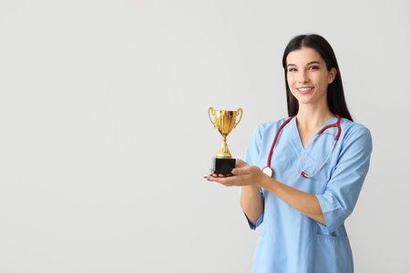 Female doctor with gold cup on light backgroundの写真素材