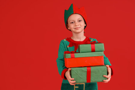 Cute little boy in elf costume with Christmas presents on red background
