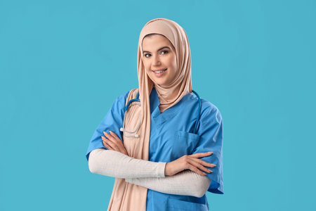 Muslim medical intern on blue backgroundの写真素材