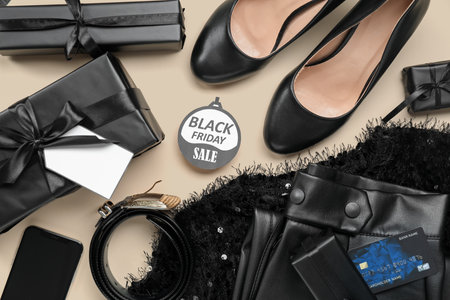 Composition with stylish female clothes, shoes and gift boxes on color background. Black Friday saleの写真素材
