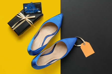 Stylish high heeled shoes, gift box and credit card on color background. Black Friday saleの写真素材