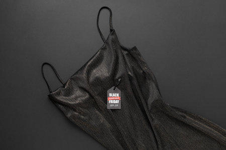 Stylish female dress and tag with text BLACK FRIDAY SALE on dark backgroundの写真素材