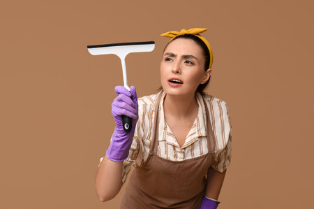 Portrait of tired young housewife in apron with squeegee on brown background