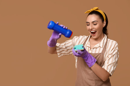 Portrait of happy young housewife in apron with detergent and sponge on brown background