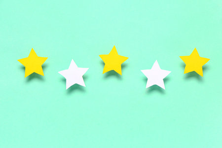 Five stars rating on turquoise background. Customer experience concept