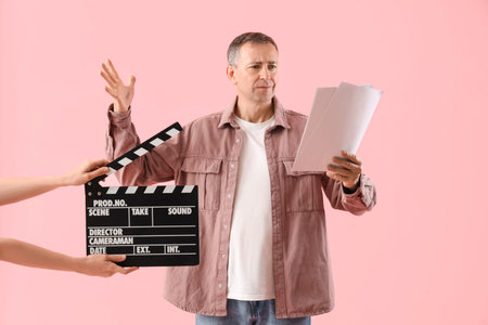 Mature actor reading film script and hands with clapperboard on pink background