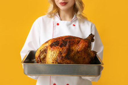 Female chef with tasty baked turkey on yellow background. Thanksgiving Day celebrationの写真素材