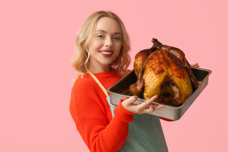 Beautiful young woman with tasty baked turkey on pink background. Thanksgiving Day celebrationの写真素材