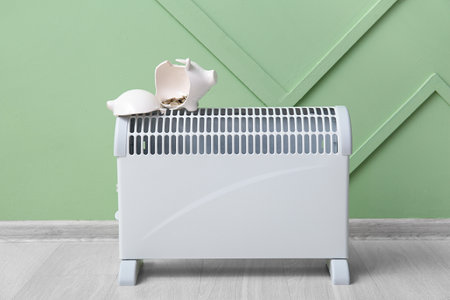 Broken piggy bank with coins on electric convector heater near green wall at home. Heating saving conceptの写真素材