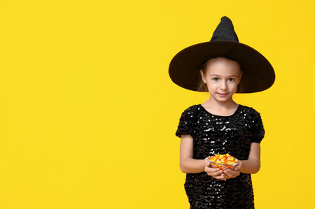 Cute little girl dressed for Halloween as witch with bowl of tasty candies on yellow backgroundの写真素材