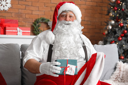 Santa Claus with bag and Christmas gift box in living roomの写真素材