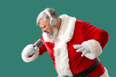 Cool Santa Claus in headphones with microphone singing Christmas song on turquoise backgroundの写真素材