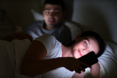 Young woman using mobile phone in bedroom at night, closeupの写真素材
