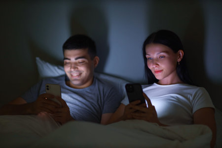 Young couple using mobile phones in bedroom at night