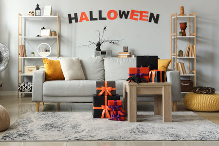 Interior of festive living room with Halloween decorations, gray sofa and coffee tableの写真素材