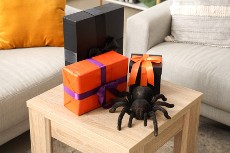Tarantula and gift boxes on coffee table in living room. Halloween celebrationの写真素材