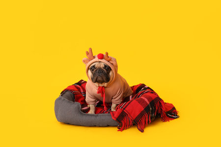 Cute pug dog in Christmas costume with pet bed and plaid on yellow backgroundの写真素材
