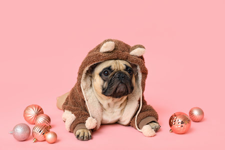 Cute pug dog in costume with Christmas balls lying on pink backgroundの写真素材
