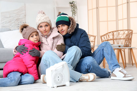 Frozen family in winter clothes warming near electric heater at homeの写真素材