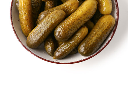 Bowl with delicious fermented cucumbers on white background, closeupの写真素材