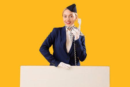 Young stewardess with phone receiver and blank poster on yellow backgroundの写真素材