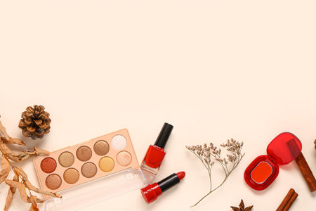 Autumn composition with different makeup products on light backgroundの写真素材
