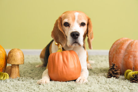 Cute Beagle dog with pumpkins near green wall. Thanksgiving Day celebrationの写真素材