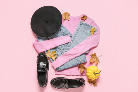 Composition with stylish female clothes, shoes and autumn leaves on pink backgroundの写真素材