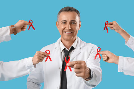Mature male doctor and hands with red ribbons on blue background. World AIDS Day concept