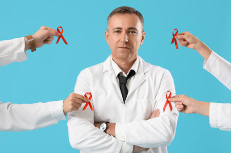 Mature male doctor and hands with red ribbons on blue background. World AIDS Day concept