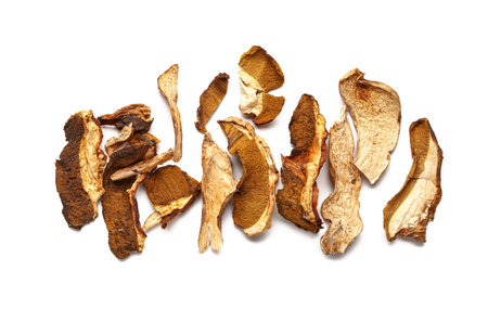 Tasty dried mushrooms on white backgroundの写真素材