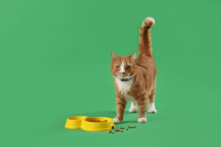 Cute ginger cat with feeding bowl on green backgroundの写真素材