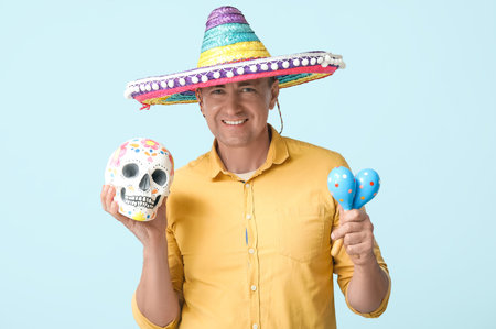 Handsome mature Mexican man in sombrero hat with maracas and painted human skull on blue background