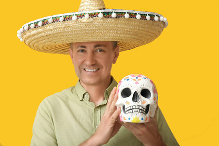 Handsome mature Mexican man in sombrero hat with painted human skull on yellow background