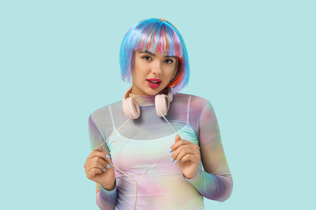 Portrait of beautiful young woman in colorful wig with headphones on blue backgroundの写真素材