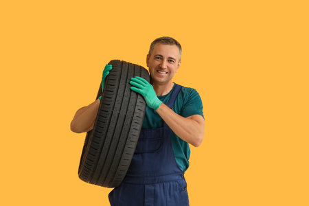 Portrait of male auto mechanic with tires on orange backgroundの写真素材